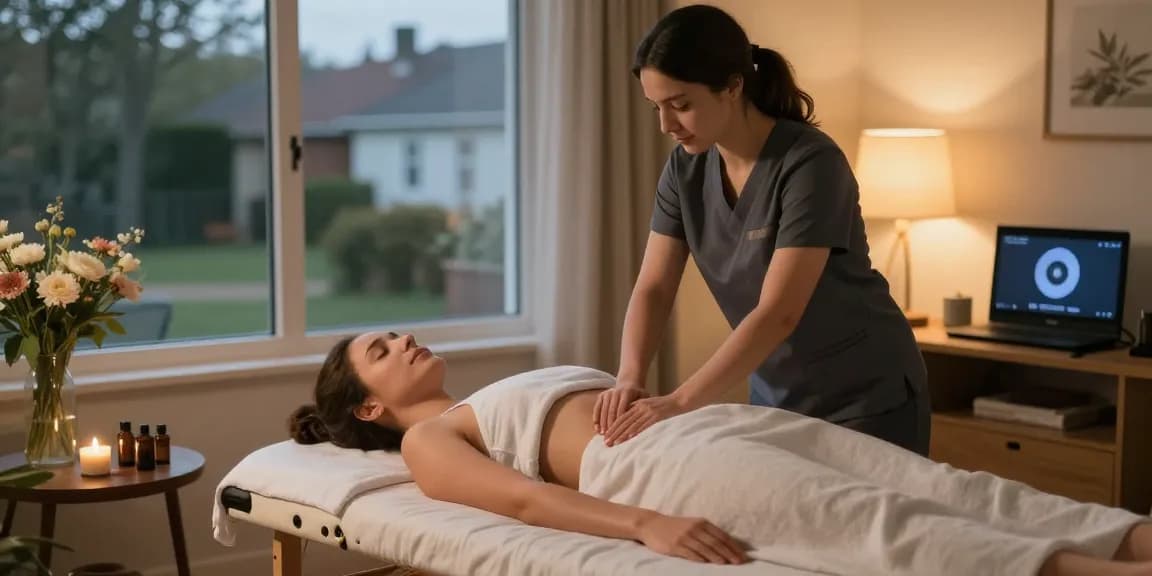 Relaxing 길동출장안마 scene with a professional therapist providing a soothing massage in a cozy living room.