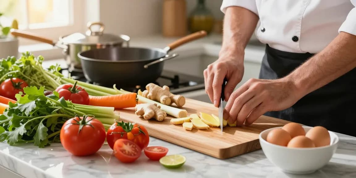 Healthy cooking scene preparing dishes with ginger and lemongrass, highlighting nutritious ingredients and the culinary journey in สล็อต