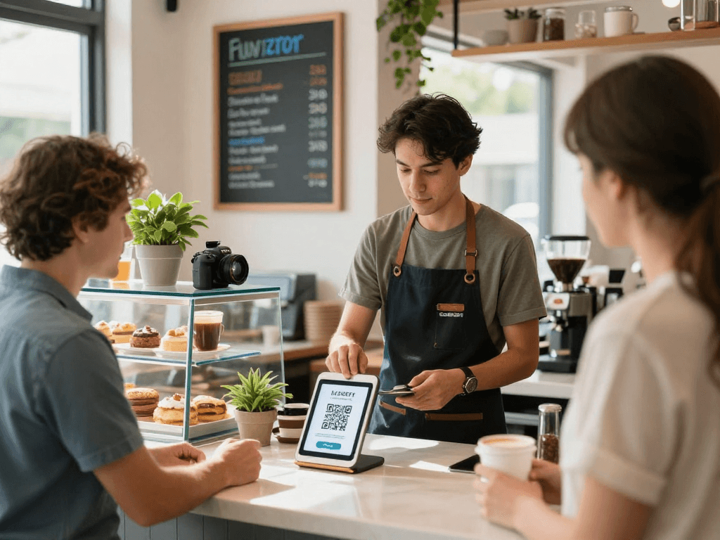 Customer using a loyalty app at a café for rewards and discounts.