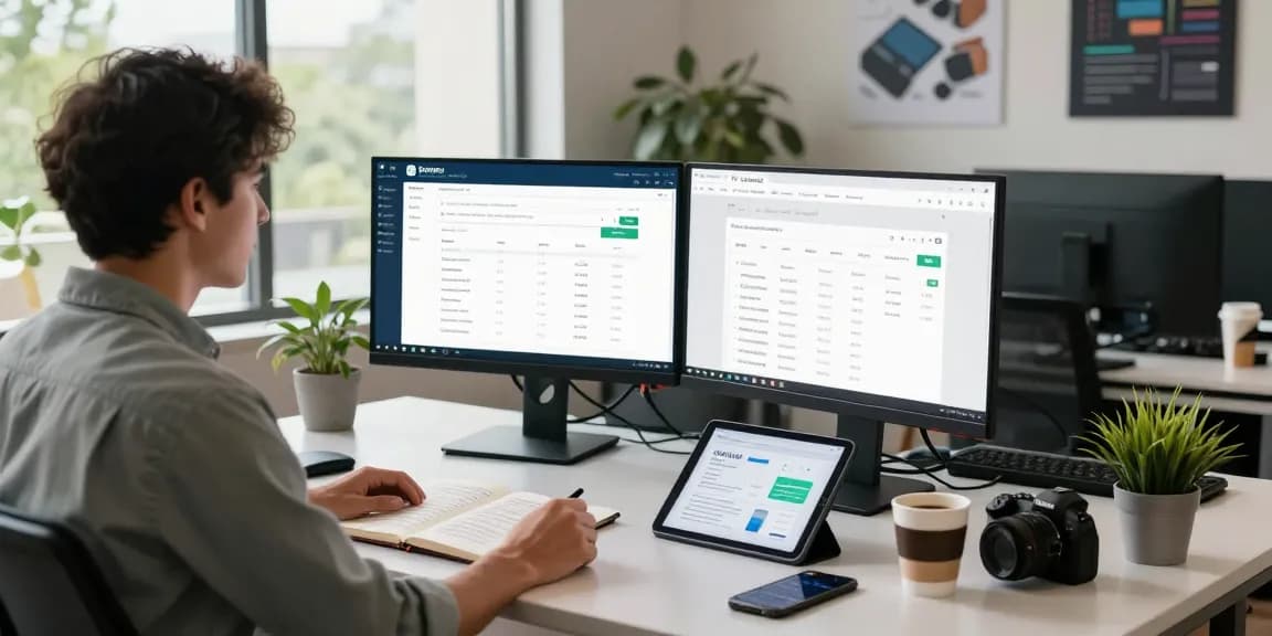 Registro de Dominios en México - IT specialist analyzing domain registration with dual monitors in modern workspace.