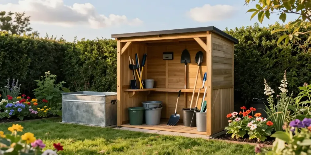 Beautiful garden storage solutions including a wooden shed and metal box surrounded by flowers.